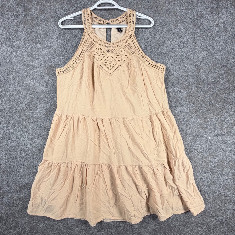 MEROKEETY Womens Boho Tiered Mini Dress L Beige Crochet Lace Halter Neck Tan